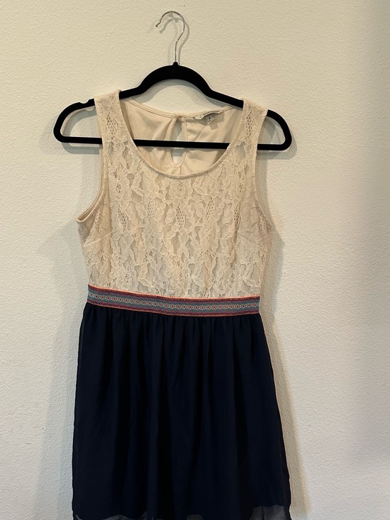 Speechless Dresses & Skirts - Speechless Cream Lace Top Navy Skirt Midi Dress with Multi Accent Waistband